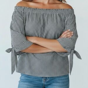 Adrienne Black & White Gingham Off-Shoulder Tie Sleeve Top Size Large